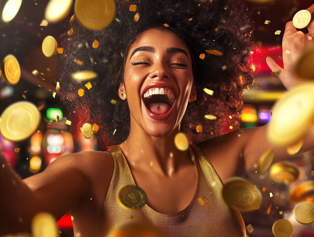 Young woman celebrating a jackpot win at RocketPlay9