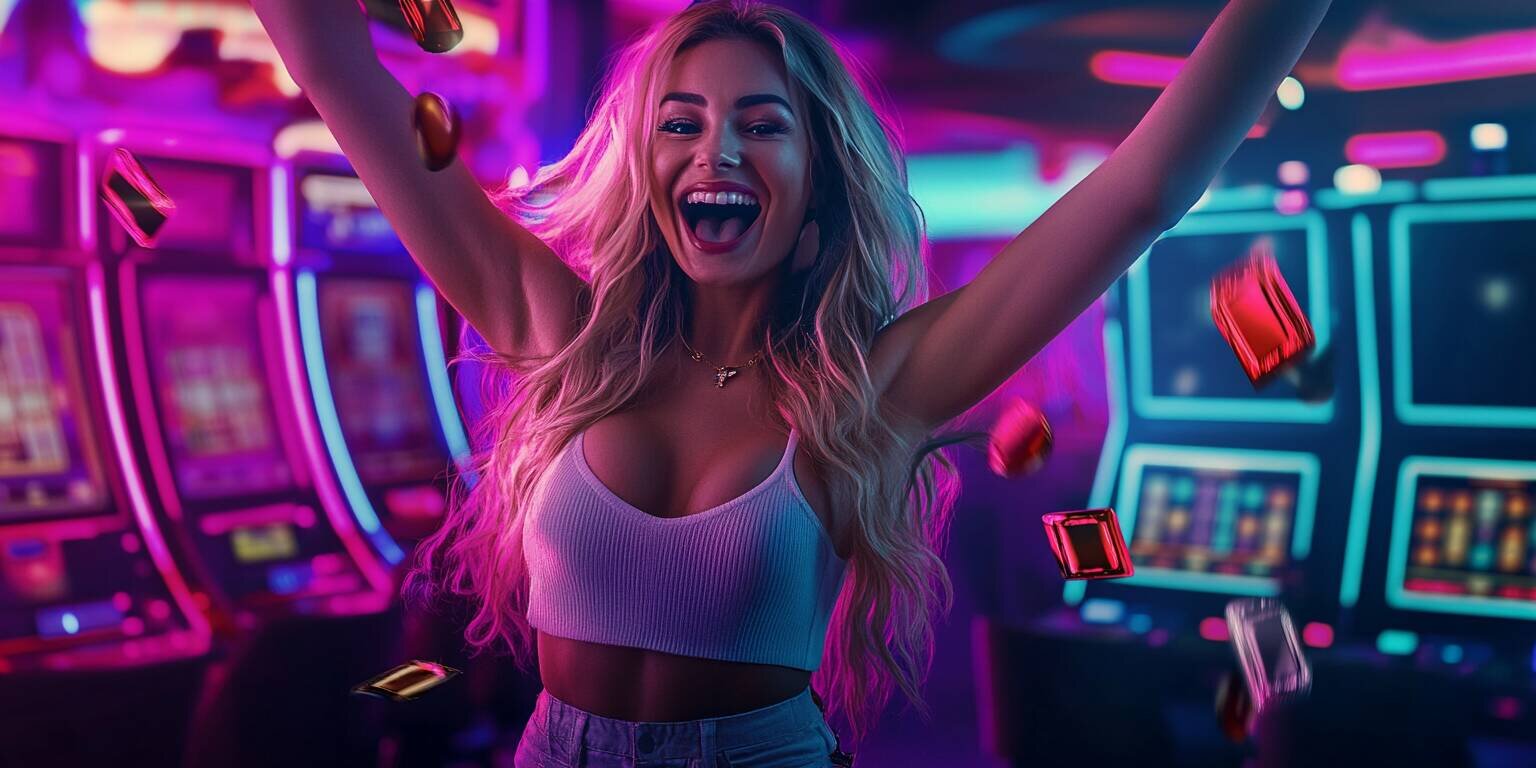 Young woman celebrating bonuses at RocketPlay9 casino in Australia, enjoying exclusive promotions and rewards