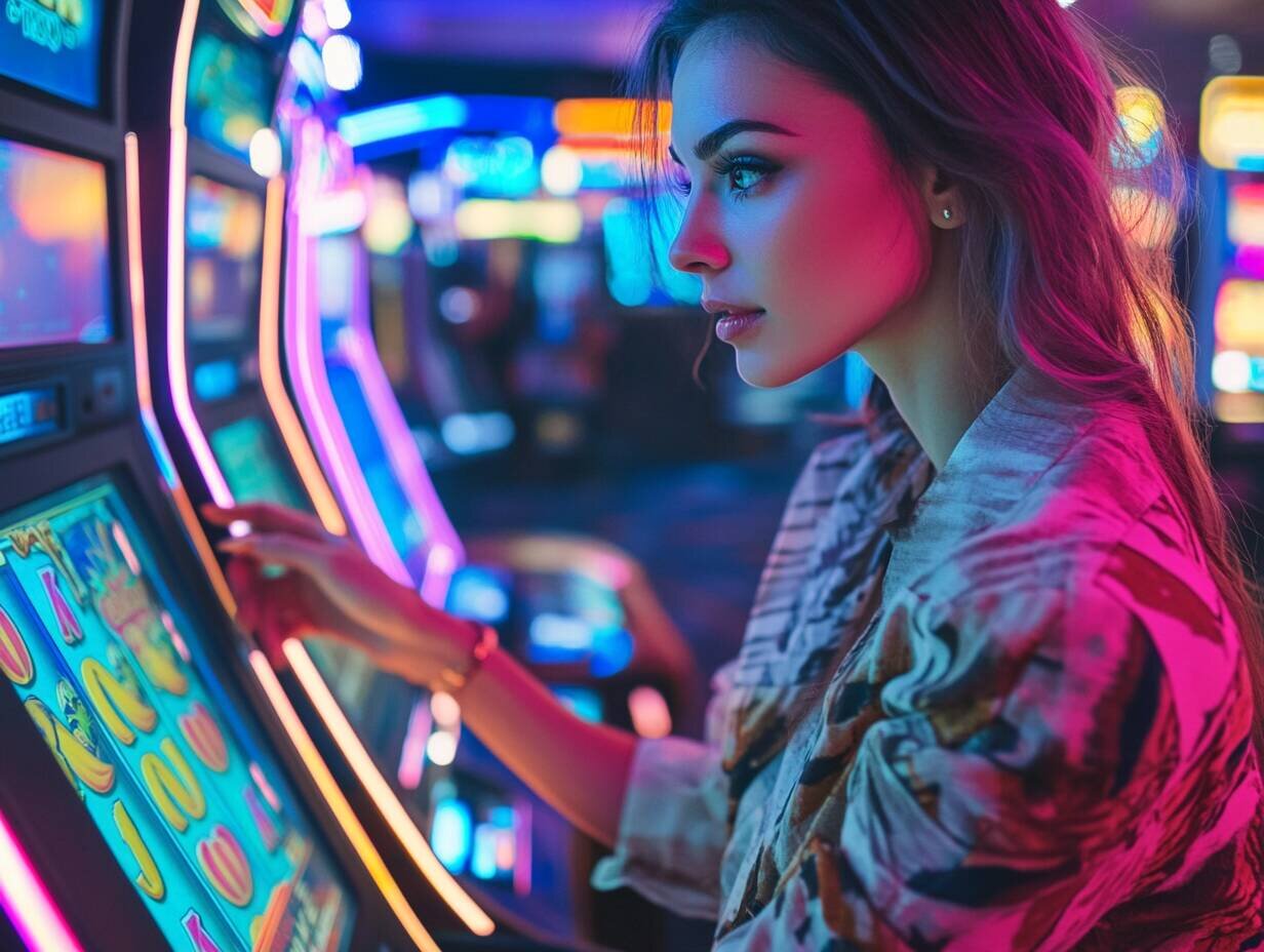 Young woman playing slot machines at RocketPlay9 casino