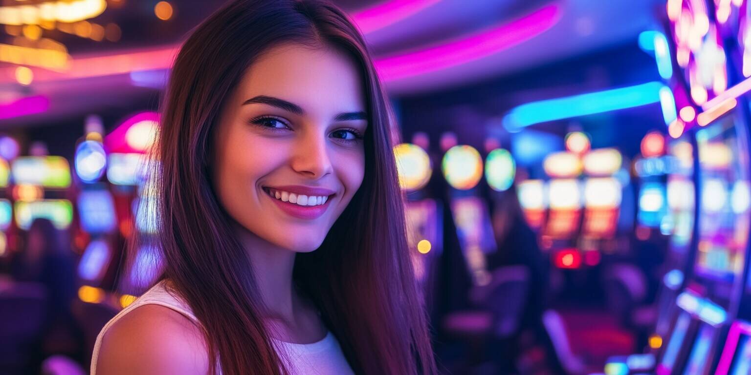 Young woman enjoying the thrilling RocketPlay9 casino in Australia, surrounded by vibrant lights